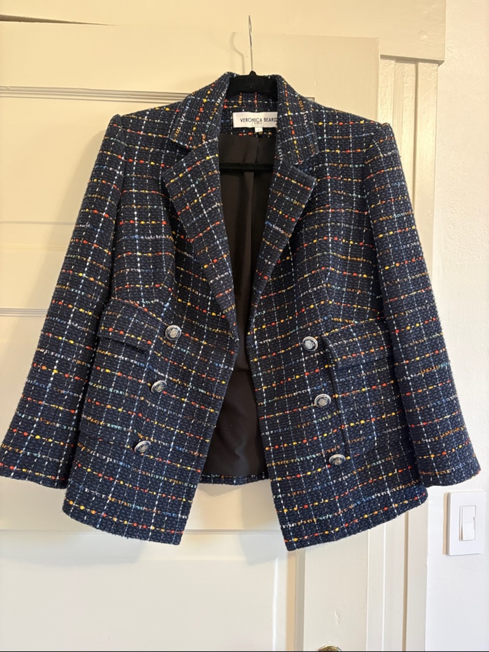 Veronica Beard Rumer Dickey Navy Multicolor Tweed Double-Breasted Blazer size 6